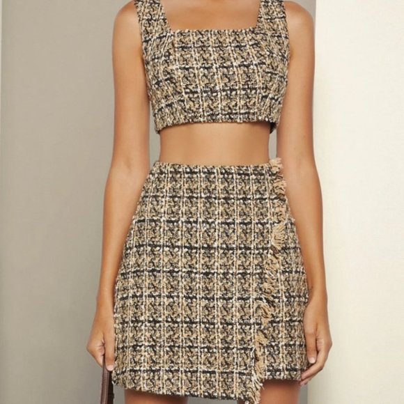 chic plaid tweed stank top & tweed wrap skirt set - Picture 5 of 7